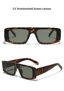 Detail view of C3 tortoiseshell rectangle sunglasses with dark green lenses in Y2K style
