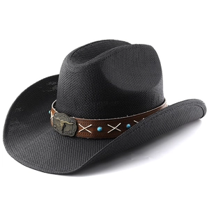 Black straw cowboy hat with a brown leather-style band featuring a metal longhorn skull