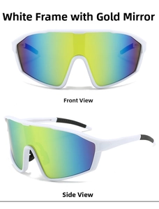White frame oversized cycling sunglasses with gold-green mirrored lenses in two views