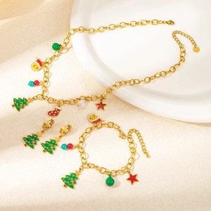 Stainless Steel Christmas Jewelry Collection Gold Enamel Christmas Tree Santa Claus Pendant Necklace Bracelet Drop Earrings
