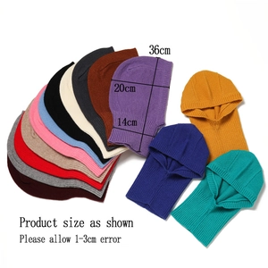 Detailed dimension guide for multi-color knitted balaclava hoods showing size measurements