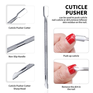Dual-head stainless steel cuticle pusher and nail cleaner with non-slip handle grip