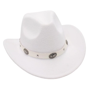 Detail of white felt cowboy hat featuring vintage metal conchos on a faux leather band