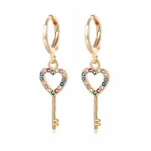Gold heart-shaped key earrings with colorful zircon stones on a white background