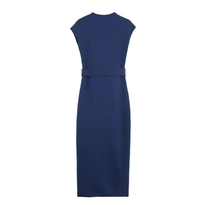 Rear view of deep blue sleeveless midi dress with matching wide belt and structured waist