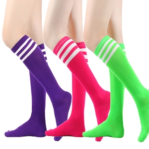 Three-stripe knee-high socks in vibrant purple, rose, and green colors for women