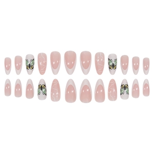 Almond-shaped press-on nails set with butterfly art and white marble patterns