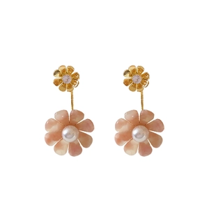 Elegant gold flower earrings with pink petals and white pearl centers on white backdrop
