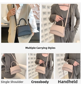 Detail of crocodile pattern handbag showing handheld, shoulder and crossbody wearing ways