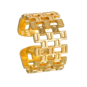 Detailed view of gold plated stainless steel hollow mesh open ring with chain texture