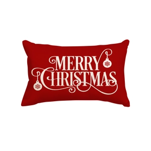 Red linen Christmas throw pillow cover with Merry Christmas text and snowflake ornaments