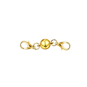 Close-up of golden spherical magnetic jewelry clasp with two lobster clasps for DIY chains