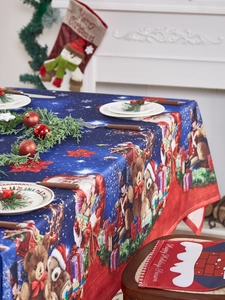 Detailed Christmas tablecloth with blue teddy bear and nutcracker patterns