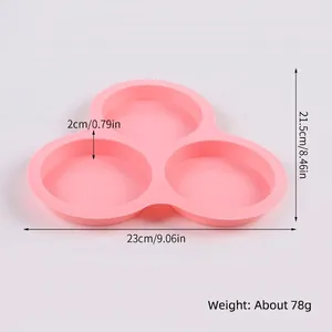 Pink 3-cavity round silicone cake mold with dimension details for DIY baking crafts