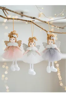 Close-up of cute mesh angel girl pendants with sequin wings on a Christmas tree