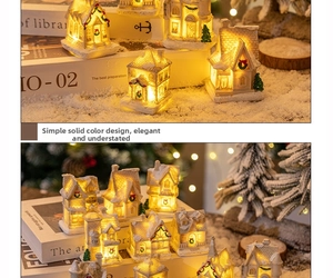 Macro view of miniature Christmas resin house with warm LED light and snow details
