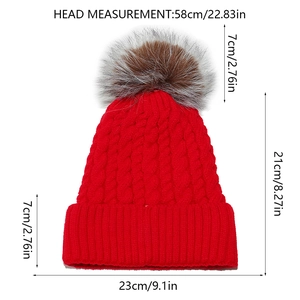 Detailed sizing chart for red knitted beanie with faux fur pom pom and 58cm circumference