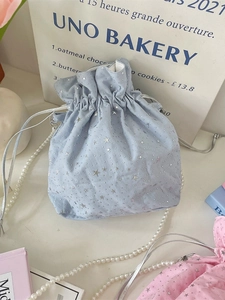 Korean style light blue drawstring canvas crossbody bag with silver stars and pearl chain