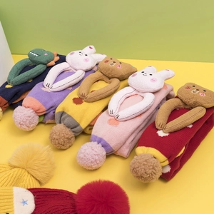 Colorful knitted cartoon animal socks set with fluffy pompoms for kids 1-3 years old