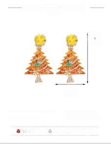 Detail view of colorful rhinestone Christmas tree earrings with size and weight dimensions
