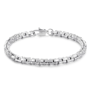 Polished silver stainless steel square link chain bracelet with lobster clasp on white background