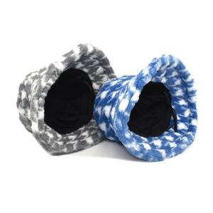 Detail of plush bucket hats in grey and blue houndstooth with soft faux fur texture