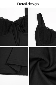 Vistas detalladas del encaje, el lazo y la textura del tejido en este top negro estilo Y2K
