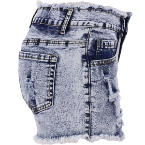 Women high waisted light blue bleach wash denim shorts with frayed edges and distressed details