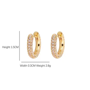 French style micro-paved zircon huggie earrings in 18K gold plated copper, 1.5cm height