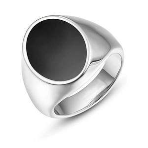 Close-up of polished silver stainless steel ring with a round black onyx-style inlay