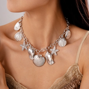 Close-up of a silver chunky chain necklace featuring metallic shell and starfish charms