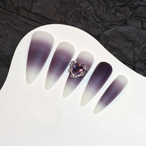 Gothic ombre purple press-on nails with heart gemstone and rhinestone accents
