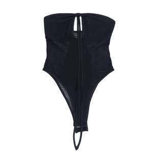 Detail of black bodysuit featuring sheer mesh panels and sexy cutout waist design