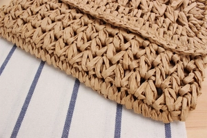 Detailed macro view of handcrafted brown straw texture and woven pattern on a leisure bag