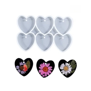 Molde de silicona de 6 corazones con colgantes de resina y flores secas para manualidades