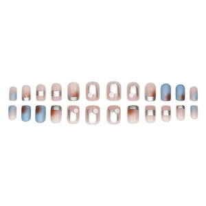Short smudge gradient press-on nails in blue and brown with silver glitter stripes