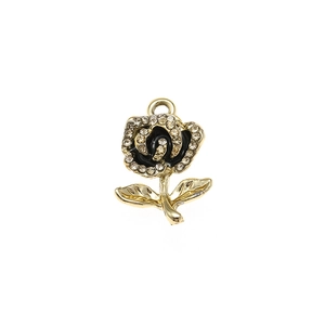 Exquisite black enamel rose pendant with sparkling crystals and golden leaves charm