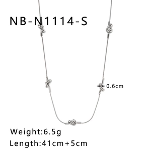 Detail view of silver knotted necklace showing dimensions 0.6cm width and 41cm length