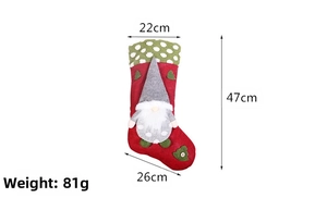 Detailed view of red and green Gnome Christmas stocking with size 47x26x22cm dimensions