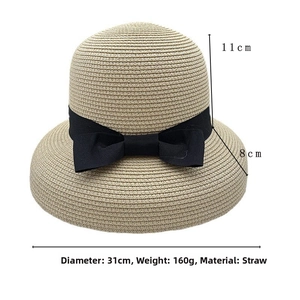 Detailed dimensions of the paper straw sun hat with measurements and black ribbon bow