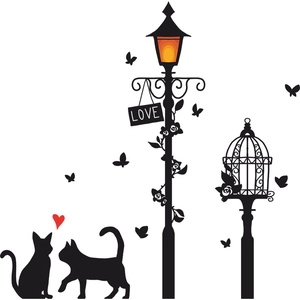 Muurstickers met zwarte kat silhouet, straatlantaarn en vlinder decoratie voor huis