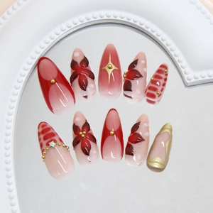 3D burgundy camellia press-on nails with vintage gold accents and star charms 24pcs