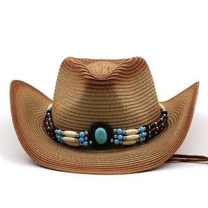Cappello da cowboy in paglia intrecciata con perline turchesi e cinturino sottogola
