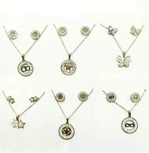 Detailed view of silver stainless steel jewelry sets with butterfly and heart crystal charms