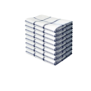 Close-up of stacked blue and white checkered waffle weave cotton kitchen dish towels