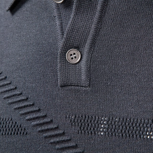 Men's dark gray business polo knit sweater with jacquard texture and buttoned lapel