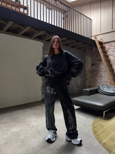 Vintage washed oversized crewneck sweatshirt and wide leg pants set in dark grey