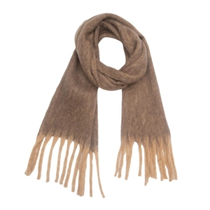 Detailed view of brown and beige gradient knit scarf featuring thick textured fringe tassels