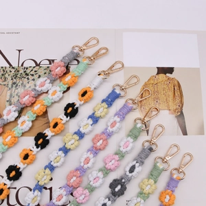 Handmade woven cotton daisy flower lanyards with gold metal clasps in multiple colors