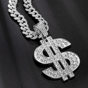 Silver Cuban chain necklace for men with sparkling dollar sign pendant and clear gems